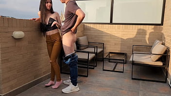 Preview 2 of Ma Femme Me Trompe Porno - Laura is fucked on the balcony of her house! after she asked one of her study friends to be fucked