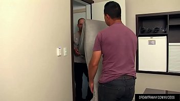Preview 1 of Brezzrd - Beautiful Tgirl Bruna Castro Sucks and Fucks Two Delivery Men