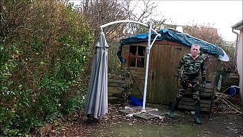Preview 3 of Lollywood Sex In Badroom - vintage - smoking guy in camo and rubber boots undressing