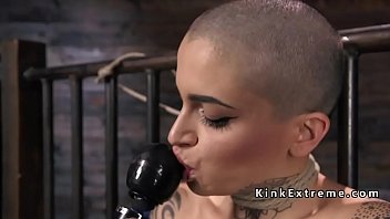 Preview 2 of Small V Old - Tattooed babe in bondage fucking machine