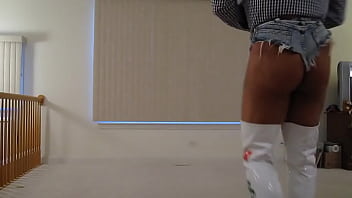 Preview 1 of Mia Khalifa 3 Xxxx - Tanned Blonde Crossdresser in Daisy Dukes and Thigh Boots