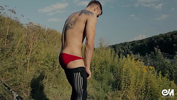 Preview 2 of Sauna Real Petting - Cute tattooed twink in red bikini undressing and bathing in the river