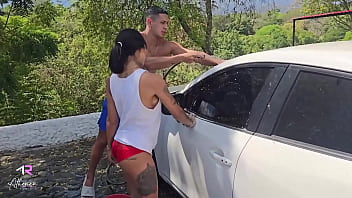 Preview 2 of Sunny Leone Teacher Com - Colombian Has Sex in a Public Car Wash with a Guy with a Big Cock - Athenea Rose &amp_ Max Betancur