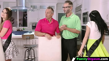 Preview 2 of Glory Hole Big Boobs - FamilyOrgasm - 18 Years Teens Do an Orgy with their Stepfathers