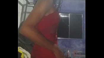 Preview 3 of Mom Halp Sax - Travesti se exibindo de vestidinho vermelho