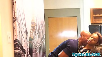 Preview 2 of Cloakroom 46 - Teen ebony tgirl spitroasted in threeway