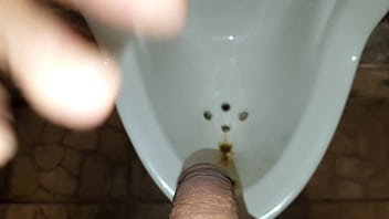 Preview 1 of Mom Fuck Big Boobs Morning - Post-sex public urinal piss,  viewed between legs