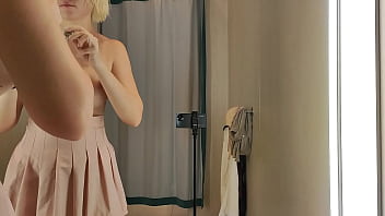 Preview 2 of Anal Gurop - Naked blonde Try on haul transparent clothes in a mall fitting room