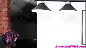 Preview 2 of Teen Submissive - Purple hair tgirl jerks cock on pool table
