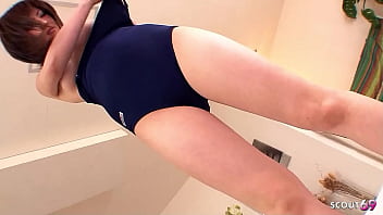 Preview 2 of Russian Two Fuck - Petite Japanese Teen in Swimsuit seduce to wet MMF 3some Fuck by two old Guys