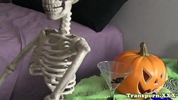 Preview 1 of Seachbob Brando - Costumed black tgirl wanks cock on halloween