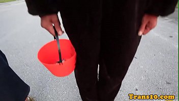 Preview 1 of Sex With Russian Girlfriend - Halloween tgirl spitroasted in latin threeway
