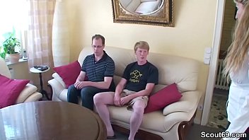 Preview 1 of Lining Up Pussy - Two Young Boys Seduce German MILF to Fuck