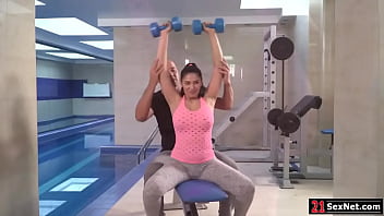 Preview 1 of Closeup Erotic - Busty babe sucks gym instructor after he grabs her big tits