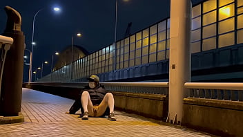 Preview 2 of Fucking Big Tit Nerd Gamer - 女装子まゆちゃんが深夜の橋の歩道で裸にアウターを羽織った状態で前を広げてＭ字開脚から大股開きをして露出している横を車が通り過ぎてゆく