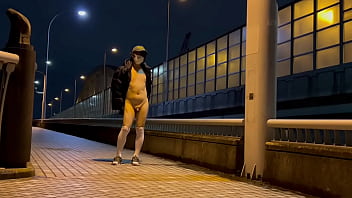 Preview 4 of Fucking Big Tit Nerd Gamer - 女装子まゆちゃんが深夜の橋の歩道で裸にアウターを羽織った状態で前を広げてＭ字開脚から大股開きをして露出している横を車が通り過ぎてゆく