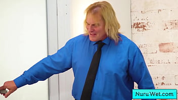 Preview 1 of New Tite Xxx - Busty teen masseuse pour nuru gel on her client and rub he rnaked body on him - Evan Stone,  Bella Rolland