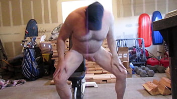 Preview 1 of 15 Years Old Sexcom - Naked dumbbell press in the open garage.