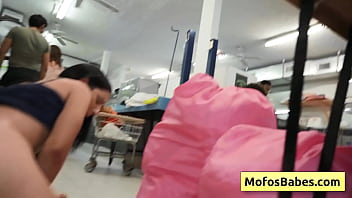 Preview 1 of Father Daughter Mp4 - Big ass teen brunette riding massive dick in a public laundromat - Nikki Mars,  Jason Legend