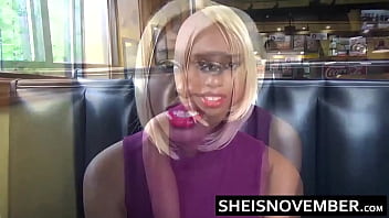 Preview 2 of Mujeres Bajitas Sexys Virgenes - I&#039_m Meeting My Professor In A Public Restaurant Restroom For A Blowjob To Pass His Class,  Hot Black Young Slut Student Sheisnovember Flashing Her Big Natural Tits,  Round Areolas,  And Brown Booty Before Sucking His Big Cock By Msnovember