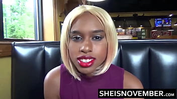 Preview 3 of Mujeres Bajitas Sexys Virgenes - I&#039_m Meeting My Professor In A Public Restaurant Restroom For A Blowjob To Pass His Class,  Hot Black Young Slut Student Sheisnovember Flashing Her Big Natural Tits,  Round Areolas,  And Brown Booty Before Sucking His Big Cock By Msnovember