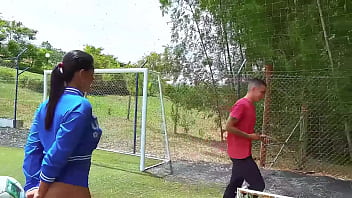 Preview 1 of Xttra Small - Lina Henao fucking outdoors on the public sports field with her football coach Dani Clark. The horny milf rides the young coach&#039_s cock like an expert cowgirl