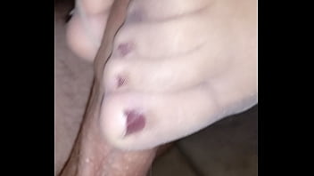 Preview 3 of Bigbur Sex - homemade footjob with super thin stockings and cumshot