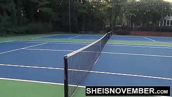 Preview 2 of Cutw Japan - HD 60fps Sporty Busty Ebony Tennis Player Sheisnovember Get Nude And Sucking BBC Outside In Public POV Blowjob While Kneeling And Loves Flashing Big Natural Titties Udders And Round Bubble Butt While Walking By Msnovember