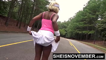 Preview 4 of Cutw Japan - HD 60fps Sporty Busty Ebony Tennis Player Sheisnovember Get Nude And Sucking BBC Outside In Public POV Blowjob While Kneeling And Loves Flashing Big Natural Titties Udders And Round Bubble Butt While Walking By Msnovember