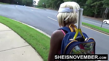 Preview 2 of Lora Fihe Xxx - I&#039_m Sucking A Stranger Big Cock POV On The Public Tennis Court For Beating Me,  Busty Ebony Whore Sheisnovember Giving A Blowjob With Her Large Natural Tits And Erect Nipples Out,  Exposing Her Big Ass With Upskirt While Walking by Msnovember
