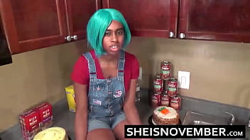 Preview 2 of Rajwap Sxyz - My Innocent Ebony Step Sister Sheisnovember Is About To Get Fuck Me In The Kitchen While My Step Mom Is Gone,  Her Mouth And Face Cumshot Facial After Taboo Fucking Hardcore Missionary With Her Busty Natural Tits Out By Msnovember