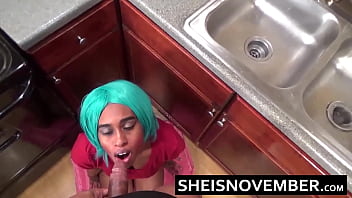 Preview 4 of Rajwap Sxyz - My Innocent Ebony Step Sister Sheisnovember Is About To Get Fuck Me In The Kitchen While My Step Mom Is Gone,  Her Mouth And Face Cumshot Facial After Taboo Fucking Hardcore Missionary With Her Busty Natural Tits Out By Msnovember