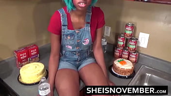 Preview 2 of Ausschnitt Spritzen - I&#039_m Blasting Hot Cumshot Cum Load Into My Slut Stepsister Hungry Mouth From Point Of View Blowjob And Taboo Sex In The Kitchen,  Sexy Black Whore Sheisnovember Saggy Big Boobs Udders And Round Areolas Exposed For Stepbrother By Msnovember