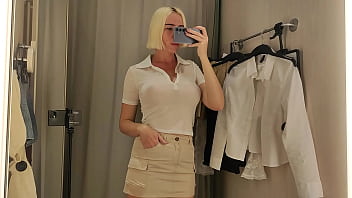 Preview 3 of Kudi Sex - Sexy blonde tries on a teacher&#039_s uniform. Sexy clothes fitting