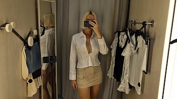 Preview 1 of Kudi Sex - Sexy blonde tries on a teacher&#039_s uniform. Sexy clothes fitting
