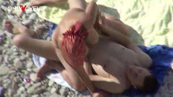 Preview 3 of Striptease On Beach - Beach Voyeur. Curvy MILF gives head and get it from behind in public