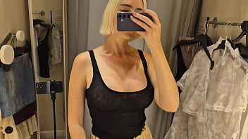 Preview 3 of Monica Bullichi Hd - Trying on transparent clothes in the fitting room. Naked blonde flashed her boobs in a public place.