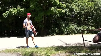 Preview 1 of Mommy Dauhter Doking Dauhter - Old slut Vicky almost caught fucking young Daniel outdoors