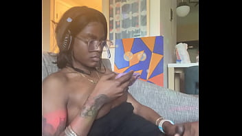 Preview 1 of Man Old 89 - ebony shemale edges while playing video games