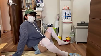 Preview 1 of Tranny Go - デニムミニスカでニーハイ女装子のまゆちゃんが自宅のリビングで大股開いてパンチラ披露しながら最後は全部脱いですっぱだかで大股開いてヌードショーを繰り広げている