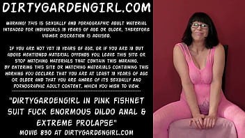 Preview 1 of Translet Arbc - Dirtygardengirl in pink fishnet suit fuck enormous dildo anal &amp_ extreme prolapse