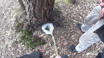 Preview 2 of Sunny Leone Show Porn Toys - boys pissing together a big foamy puddle at a tree