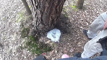 Preview 3 of Sunny Leone Show Porn Toys - boys pissing together a big foamy puddle at a tree