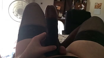 Preview 4 of Gilf In Stockings - Tiny white clit vs huge black dildo size comparison