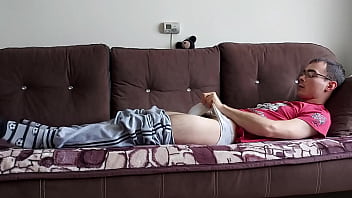 Preview 1 of Body Switch Spell - Nerdy college boy in cute panties and socks masturbates his huge bushy cock until he cum hard