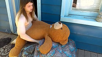 Preview 2 of Voyuer Hand Job - Sissy boy fucking her teddy bear outside