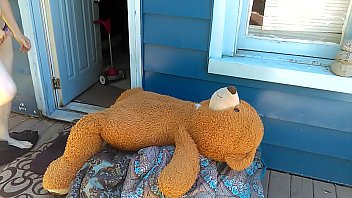 Preview 1 of Voyuer Hand Job - Sissy boy fucking her teddy bear outside
