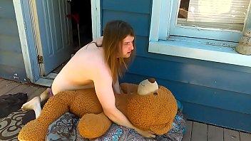 Preview 4 of Voyuer Hand Job - Sissy boy fucking her teddy bear outside
