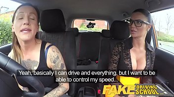 Preview 1 of Delhi Gals - Fake Driving School New driver gets a crash course in strap on lesbian fucking
