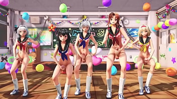 Preview 4 of Gift Daddy Teen - Futa girls stroking their dicks in school Mmd